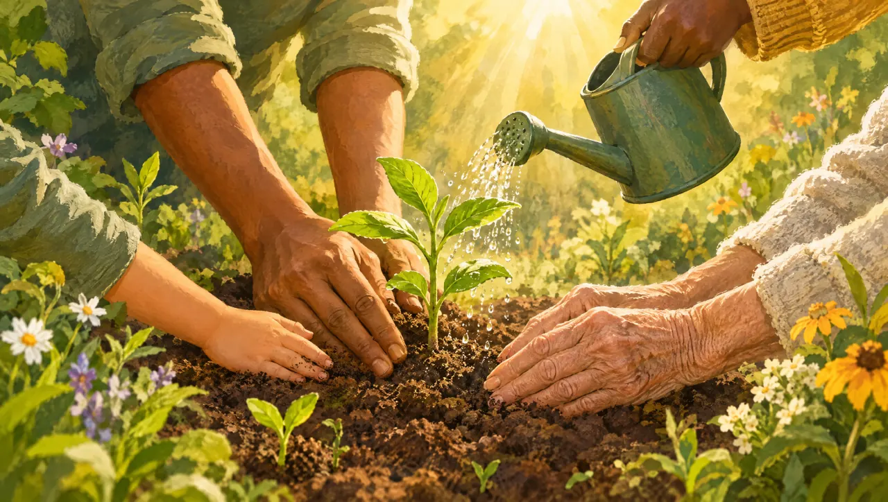 Hands of different ages planting and watering a young seedling